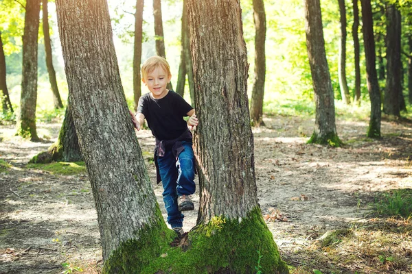 Feliz niño en el bosque. Niño alegre jugando en el parque en el día soleado . — Foto de Stock