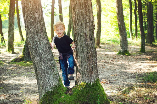 Счастливый маленький мальчик в лесу. Радостный ребенок играет в парке в солнечный день
.