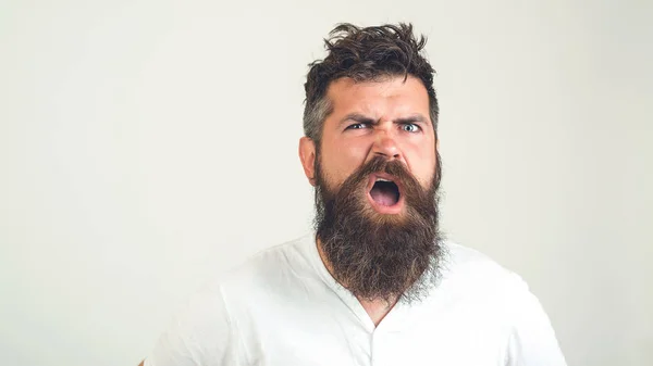 Loco barbudo, cara confusa. Hombre enojado con barba con emoción, sobre fondo blanco . — Foto de Stock