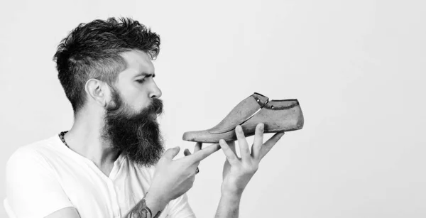 Bearded shoemaker on white background, copy space. — Stock Photo, Image