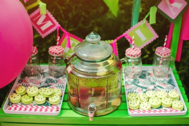 Doğum günü partisi için renkli Fransız makaronlar. Yaz açık hava partisi. Arka bahçede tatlı tatlı masası. Yaz çikolatası. Büyük limonata kavanozu