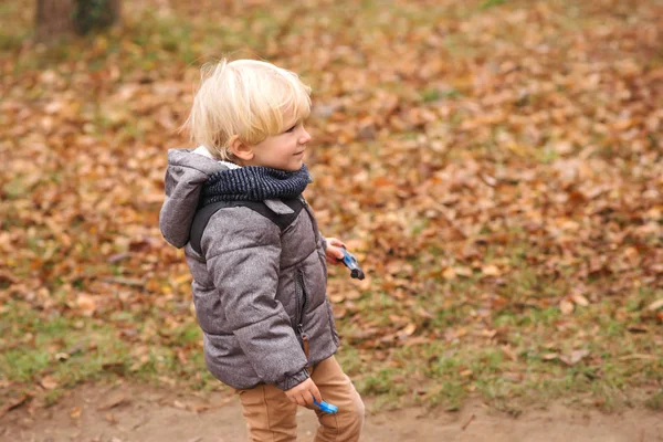 Aranyos kisfiú, aki lehullott leveleken jár. Gyerek játszik az őszi parkban. Gyerekek őszi divat. — Stock Fotó