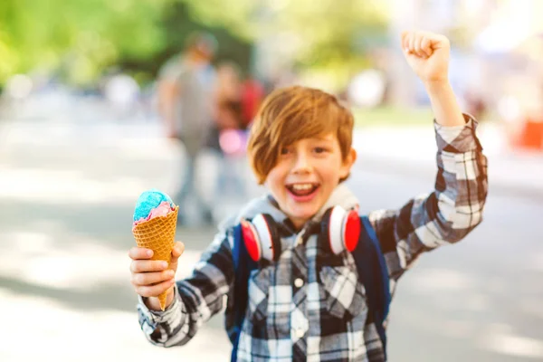 Niño feliz comiendo helado colorido en un cono de gofres. Un chico en un paseo de verano en un parque. Niño con delicioso helado — Foto de Stock