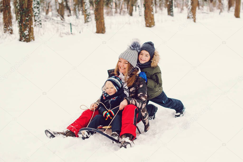 Happy family driving sled on the snow. Mother and her sons having fun in winter park. Winter and christmas holidays.