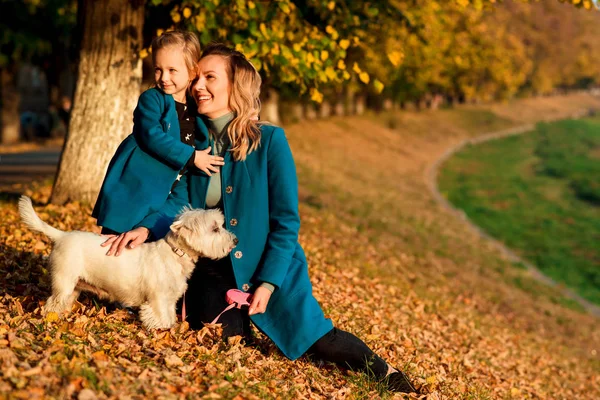 Família feliz andando com o cão no parque de outono. Elegante pequena filha abraçando sua mãe ao ar livre. Temporada de outono, moda, estilo de vida — Fotografia de Stock