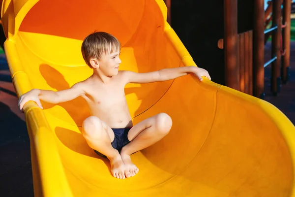 Cute Boy Having Fun Playground Beach Summer Vacations Modern Playground — Stock Photo, Image