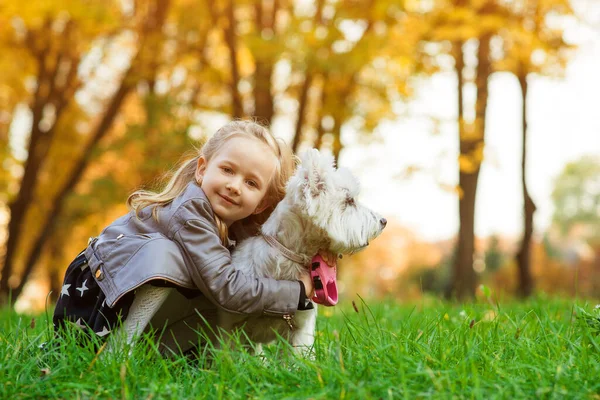 Menina Criança Divertindo Com Seu Cão Durante Caminhada Parque Outono — Fotografia de Stock