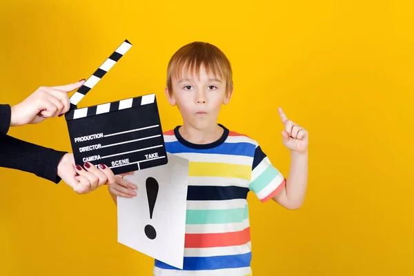 Producer Making Film Boy Holding Paper Paper Sheet Exclamation Mark — Stock Photo, Image