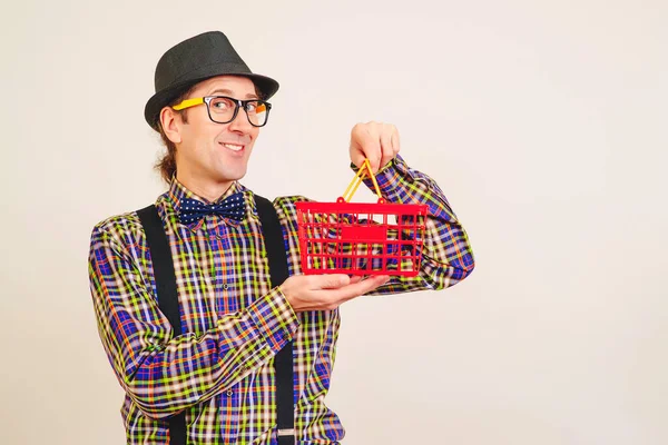 Nerd Guy Holding Empty Shopping Basket Man Shopping Isolated White — Stock Photo, Image