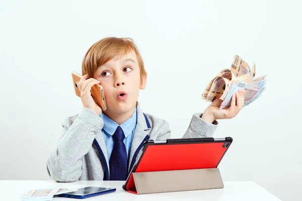 Cute Little Boss Office Businessman Talking Smartphone Boy Holding Money — Stock Photo, Image