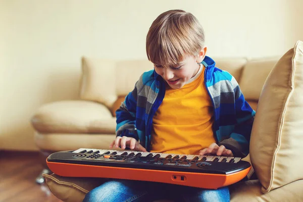 Cute Schoolboy Playing Synthesizer Home Children Piano Development Musical Abilities — Stock Photo, Image