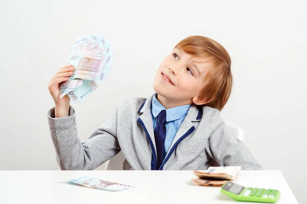 Little Businessman Holding Money Banknotes Winner Lottery Millionaire Financial Literacy — Stock Photo, Image