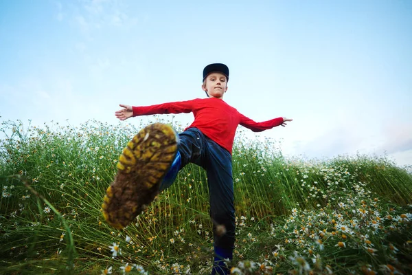 快乐的男孩在大自然中散步 孩子在花田里玩得很开心夏日晴天 幸福和健康的童年 生活方式 美丽的大自然 穿着脏靴子的男孩 — 图库照片