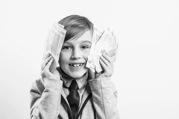 Happy Little Businessman Holding Money Winner Lottery Millionaire Money Future — Stock Photo, Image