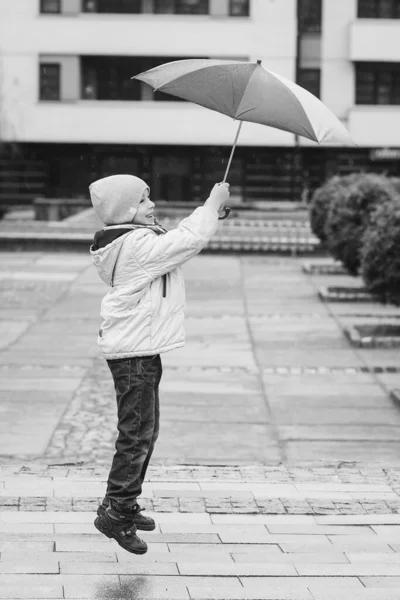 Happy Boy Jumping Puddle Rain Autumn Cold Rainy Weather Cute — Stock Photo, Image