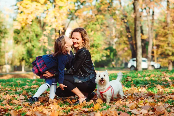 Família Feliz Brincando Com Cão Parque Outono Mãe Filha Divertindo — Fotografia de Stock