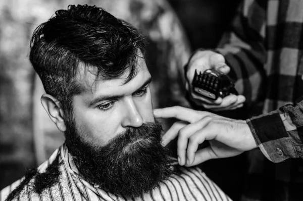 Bearded handsome man visiting hairstylist. Barber shop. Bearded hipster getting hairstyle. Male hairstylist serving client. Barber making haircut using machine and comb. Stylish bearded man in salon.