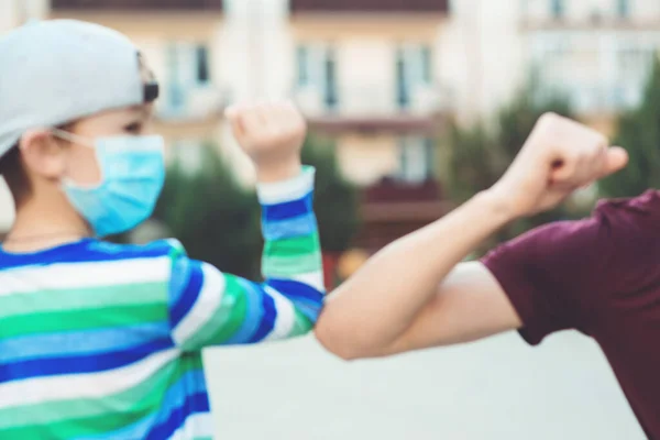 Elbows Greeting Style Blurred Background Coronavirus Quarantine Social Distancing Concept — Stock Photo, Image