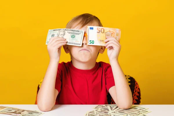 Smart Kid Covering His Eyes Dollar Euro Bills Happy Little — Stock Photo, Image