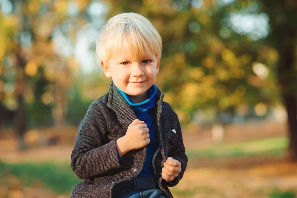 Söpö Blondi Lapsi Poika Kävelee Syksyllä Puistossa Lasten Muoti Pikkupojalla — kuvapankkivalokuva