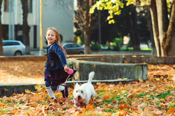 Chica Feliz Corriendo Con Perro Parque Otoño Niño Encantador Con — Foto de Stock