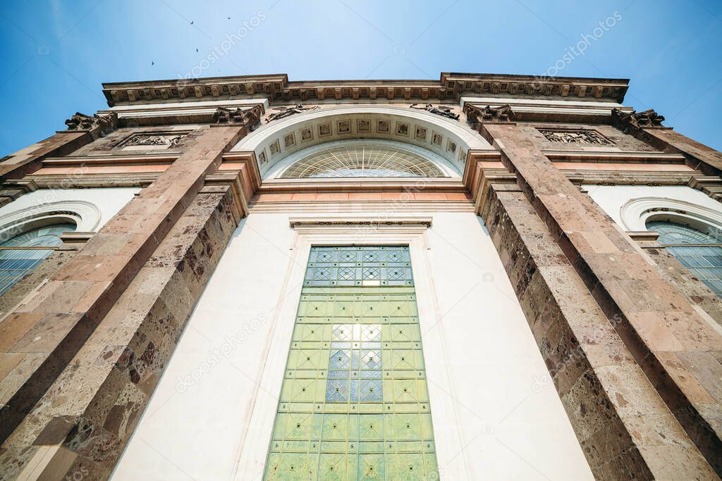 Elements of architecture of buildings, wall texture, arches, frames and niches. Picture of the catholic Basilica in Esztergom, Hungary