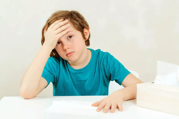 Schoolboy Has Headache Lessons Sick Boy Sitting Desk Boy Has — Stock Photo, Image