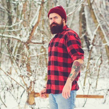 Oduncu kıyafetleri içindeki zalim adam damalı. Sakallı oduncu, karlı kış ormanlarında balta tutuyor. Cinsel oduncu tarzı. Hippi yaşam tarzı, erkeklik ve vahşet.