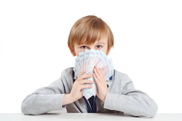 Verrast Jongetje Met Geld Schattig Kind Verstopt Zich Achter Een — Stockfoto