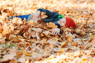 Mutlu çocuk parkta sonbahar yapraklarıyla oynuyor. Sonbahar havası. Tatlı çocuk sonbahar yapraklarında eğleniyor. Mutlu ve sağlıklı bir çocukluk. Sonbahar güneşli bir gün. Çocuk düşmüş akçaağaç yaprakları fırlatıyor..
