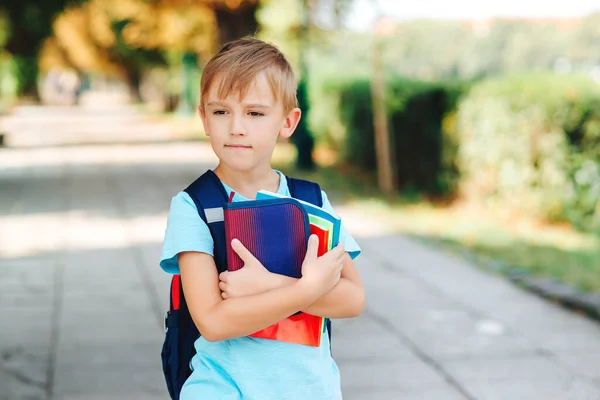 Rapaz Feliz Com Cadernos Mochila Estão Prontos Para Estudar Volta — Fotografia de Stock