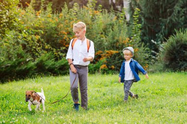 Parkta köpek gezdiren çocuklar. Aile, arkadaşlık, hayvanlar ve yaşam tarzı. Jack Russell Terrier köpekli çocuklar dışarıda. Mutlu çocuklar yeşil çimlerin üzerinde köpekle oynuyorlar..
