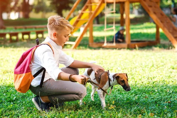 Schoolboy Suo Cane Che Passeggiano Nel Parco Amicizia Animali Stile — Foto Stock