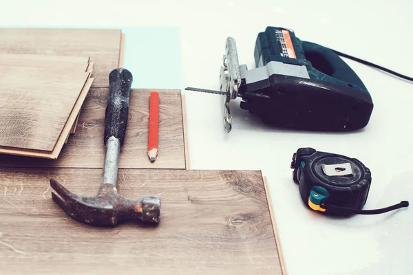 Instalación Del Piso Laminado Madera Herramientas Textura Fondo Vista Superior — Foto de Stock