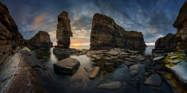 Panorama Noss Head Formations Rocheuses Lumière Coucher Soleil Côte Est — Photo