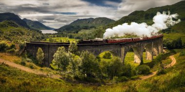 Panorama of Jacobite steam train on old bridge, Scotland clipart
