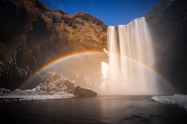 Regenbogen Skogafoss Wasserfall Winter Island — Stockfoto