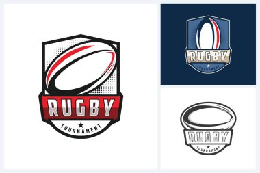 Rugby logosu spor tasarım şablonu, rugby amblem vektörü, rugby turnuvası logo tasarımı vektör çizimi