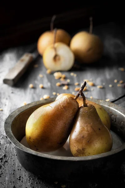 Pears Rustic Pan Wooden Background — Stock Photo, Image