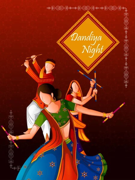 Άνθρωποι που παίζουν το παραδοσιακό λαϊκό χορό Γκάρμπα Dandiya βράδυ γιορτάζει Navratri κατά τη διάρκεια Dussehra — Διανυσματικό Αρχείο