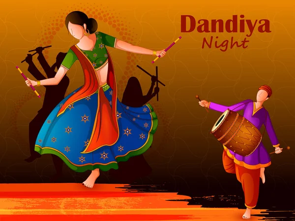 사람들이 전통적인 민속 무용 Garba Dandiya 밤 Navratri Dussehra 동안 축 하 연주 — 스톡 벡터