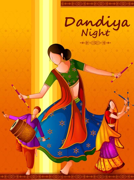 사람들이 전통적인 민속 무용 Garba Dandiya 밤 Navratri Dussehra 동안 축 하 연주 — 스톡 벡터