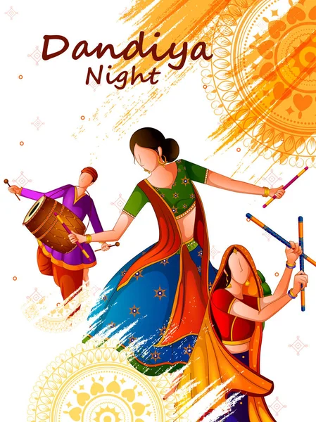 사람들이 전통적인 민속 무용 Garba Dandiya 밤 Navratri Dussehra 동안 축 하 연주 — 스톡 벡터