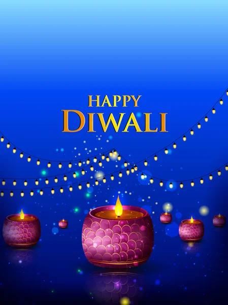 Diya decorado na noite de Diwali feliz que celebra férias da Índia — Vetor de Stock