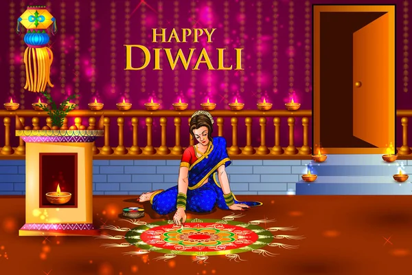 Dame, die Rangoli für glückliche Diwali macht, um den Feiertag Indiens zu feiern — Stockvektor