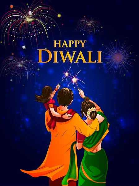 Familie brennt Feuerwerkskörper in glücklicher Diwali-Nacht zum indischen Feiertag — Stockvektor