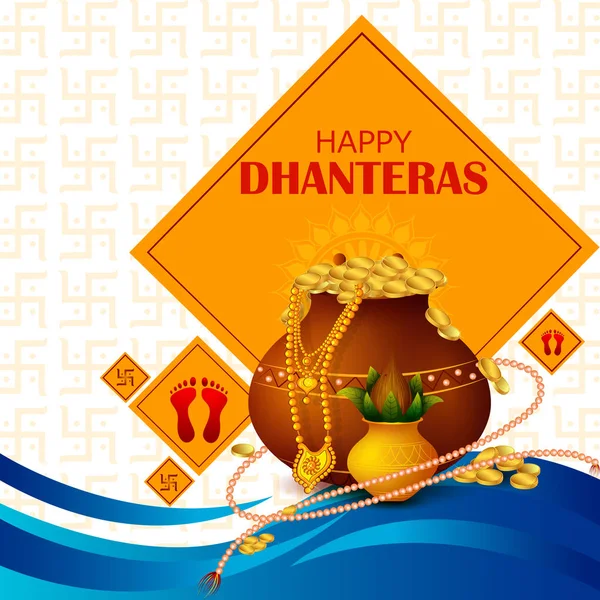 Férias iniciais de Happy Dhanteras durante a temporada de Diwali para a prosperidade — Vetor de Stock