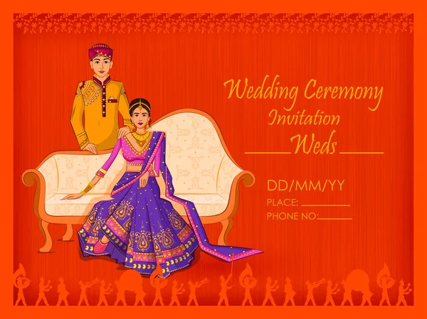 Indian Bride and Groom in ethnic dress Lengha and Serwani for wedding Day — Stock Vector