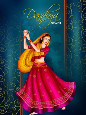 Hint halkı Dandiya Gecesi 'nde Garba dansı yaparak Hindistan' ın Navratri festivalini kutluyor. Vektör illüstrasyonu