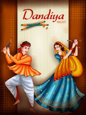 Hint halkı Dandiya Gecesi 'nde Garba dansı yaparak Hindistan' ın Navratri festivalini kutluyor. Vektör illüstrasyonu